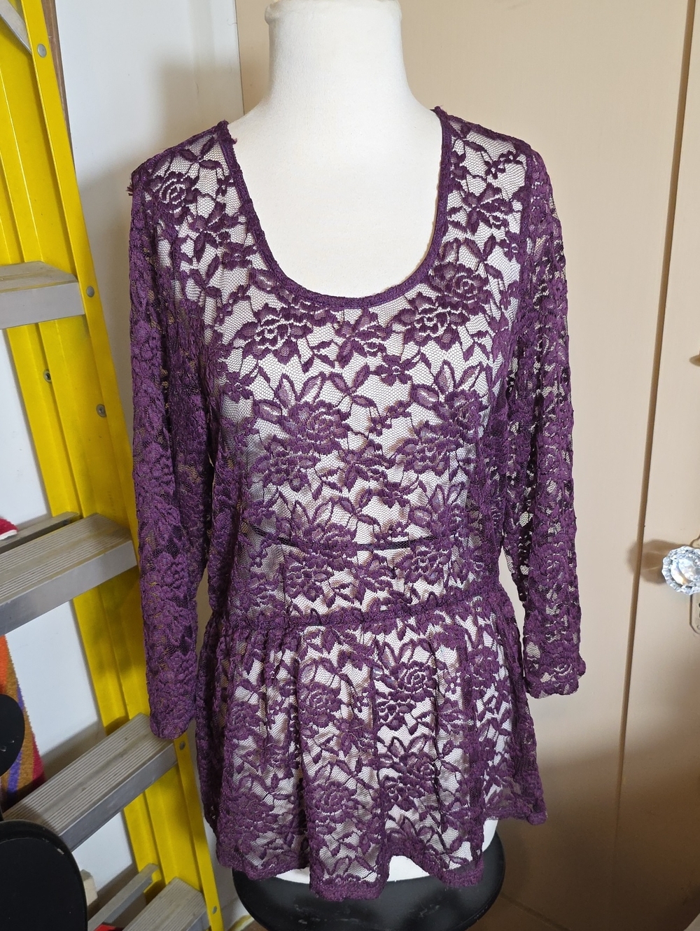 Metaphor Purple Floral Lace Long Sleeve Peplum Blouse